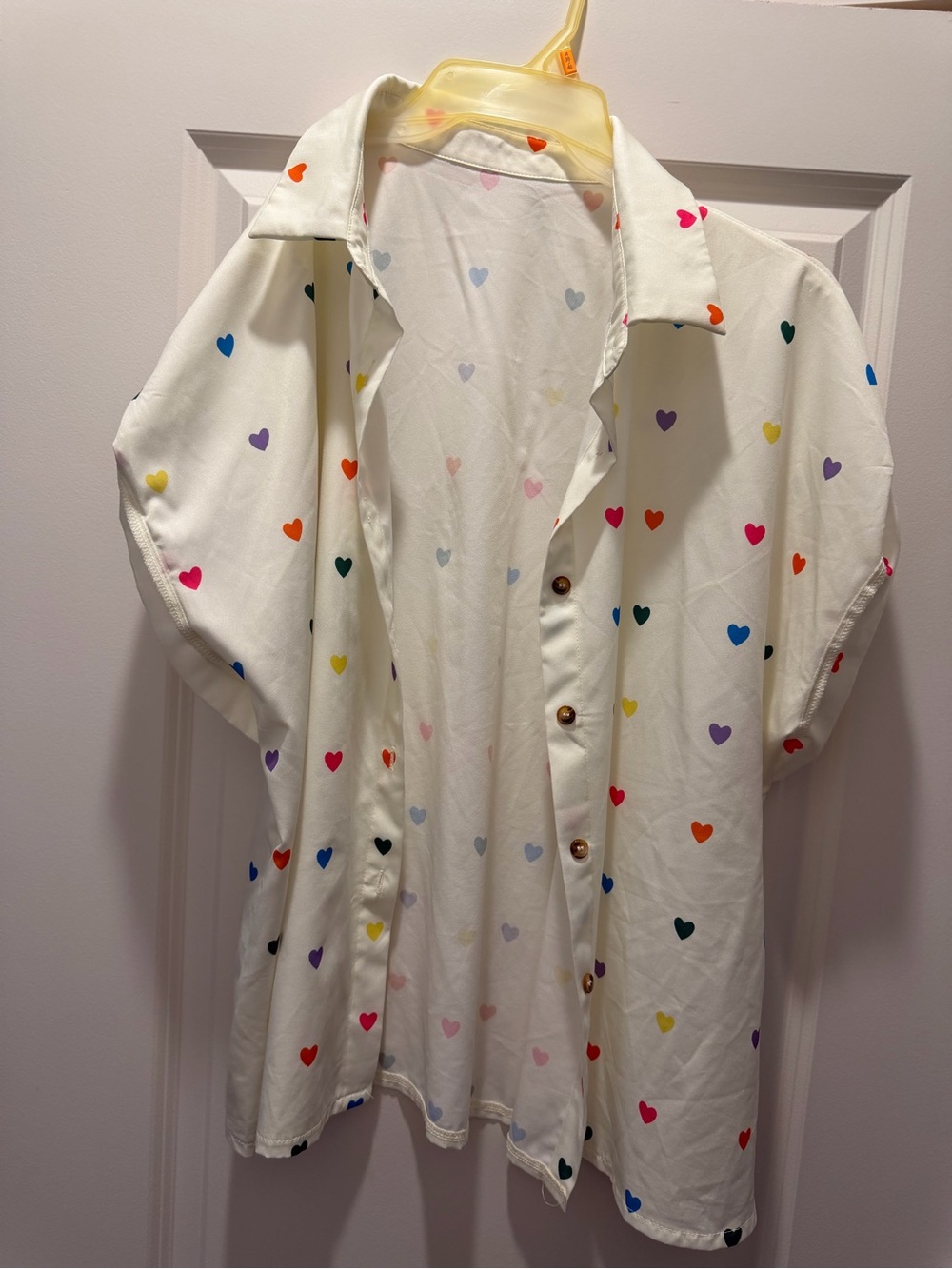 SHEIN White Button-Up Shirt with Multicolor Heart Accents